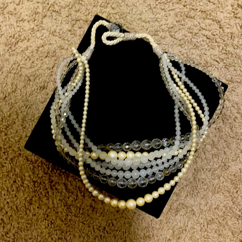 Mixed Faux Pearl and Faux Crystal Seven Strand Twist Necklace Approx. 25” NWOT